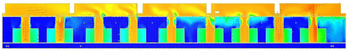 Simulación CFD — puntos calientes en los pasillos (reparto de las temperaturas)