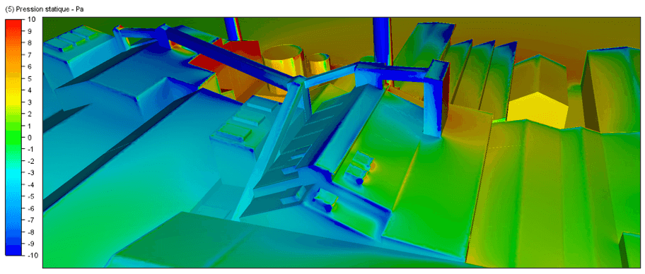 Simulation CFD usine - répartition pressions toiture - ventilation naturelle - vent