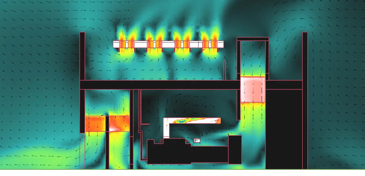 Corte de simulación CFD de las velocidades del aire en un local de grupo electrógeno