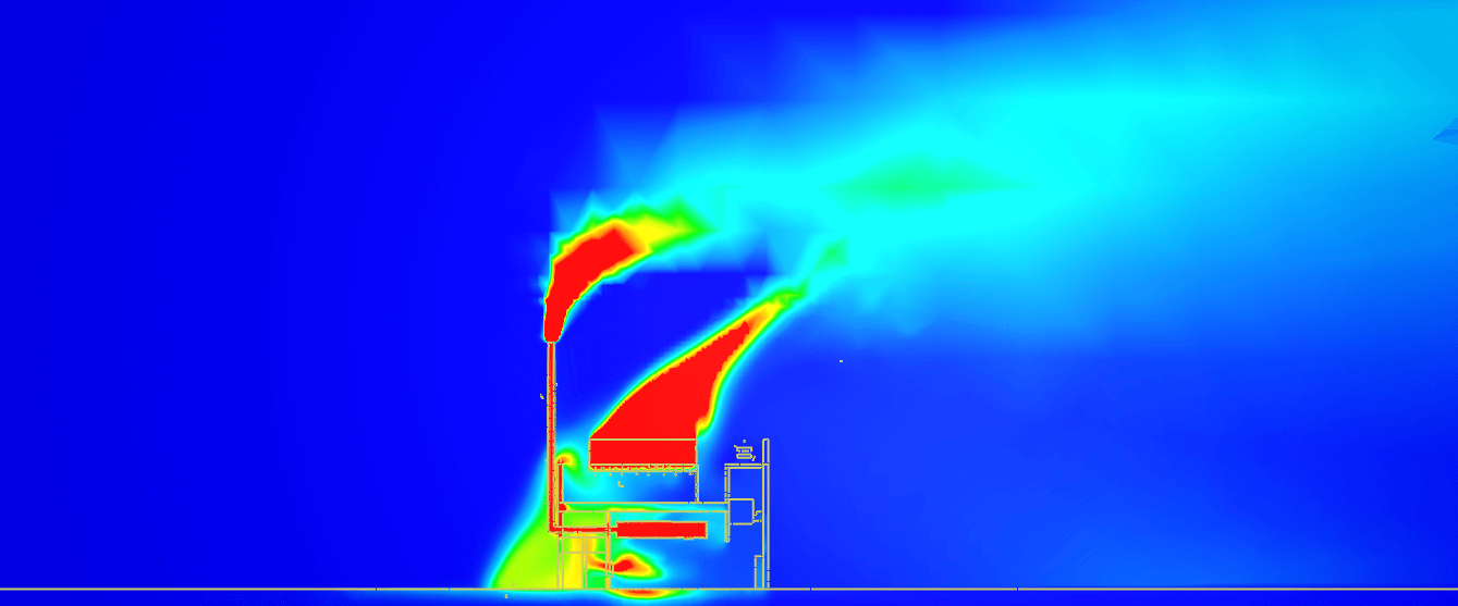 Coupe des températures CFD d'un groupe électrogène - cheminée d'extraction gaz et refroidisseurs de toiture - Data center