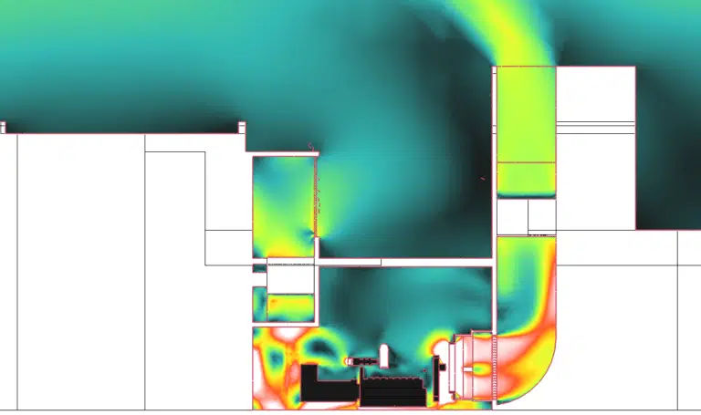 Campo de velocidad del aire en un local de grupo electrógeno (CFD)