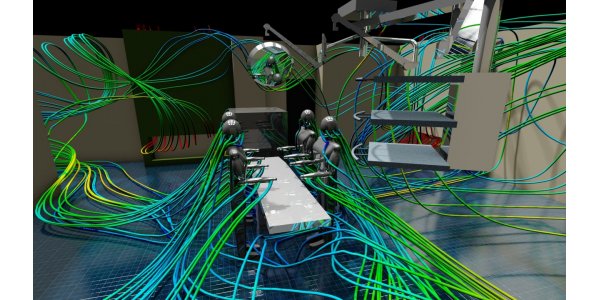 Etude CFD montrant le déplacement d'air dans une salle d'opération avec un écoulement de l'air efficace