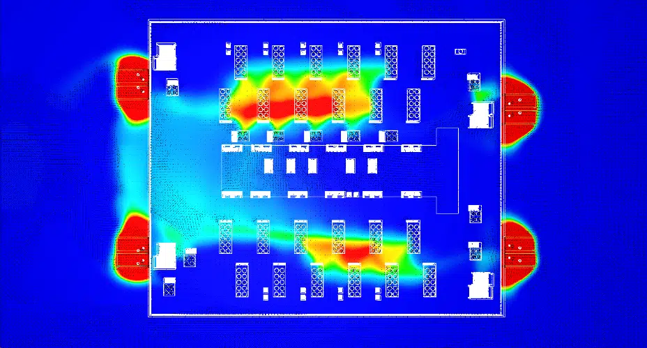 Plano de temperaturas en cubierta antes de la optimización del centro de datos D14