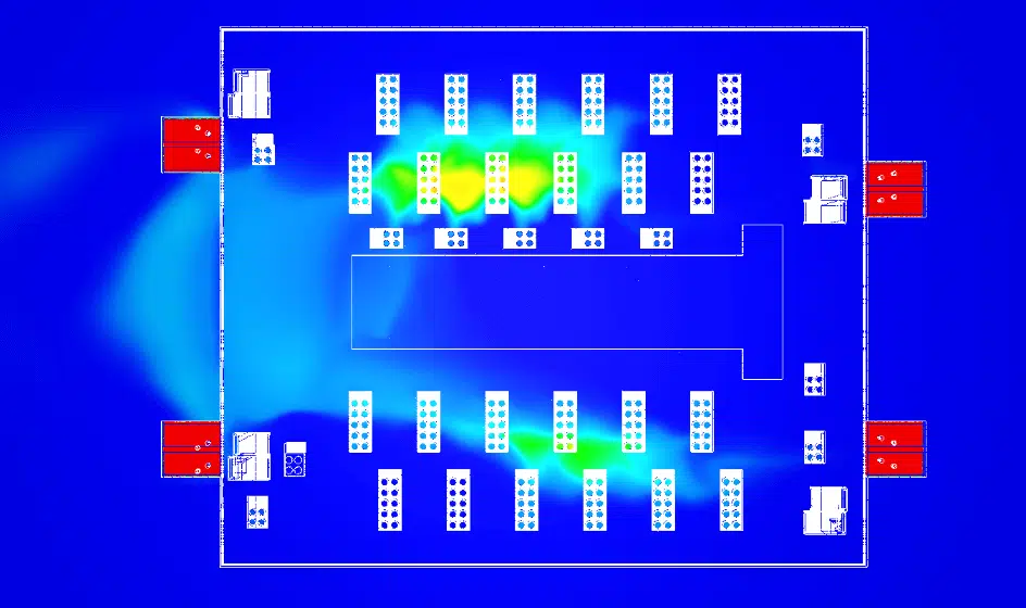 Plano de temperaturas en cubierta después de la optimización del centro de datos D14