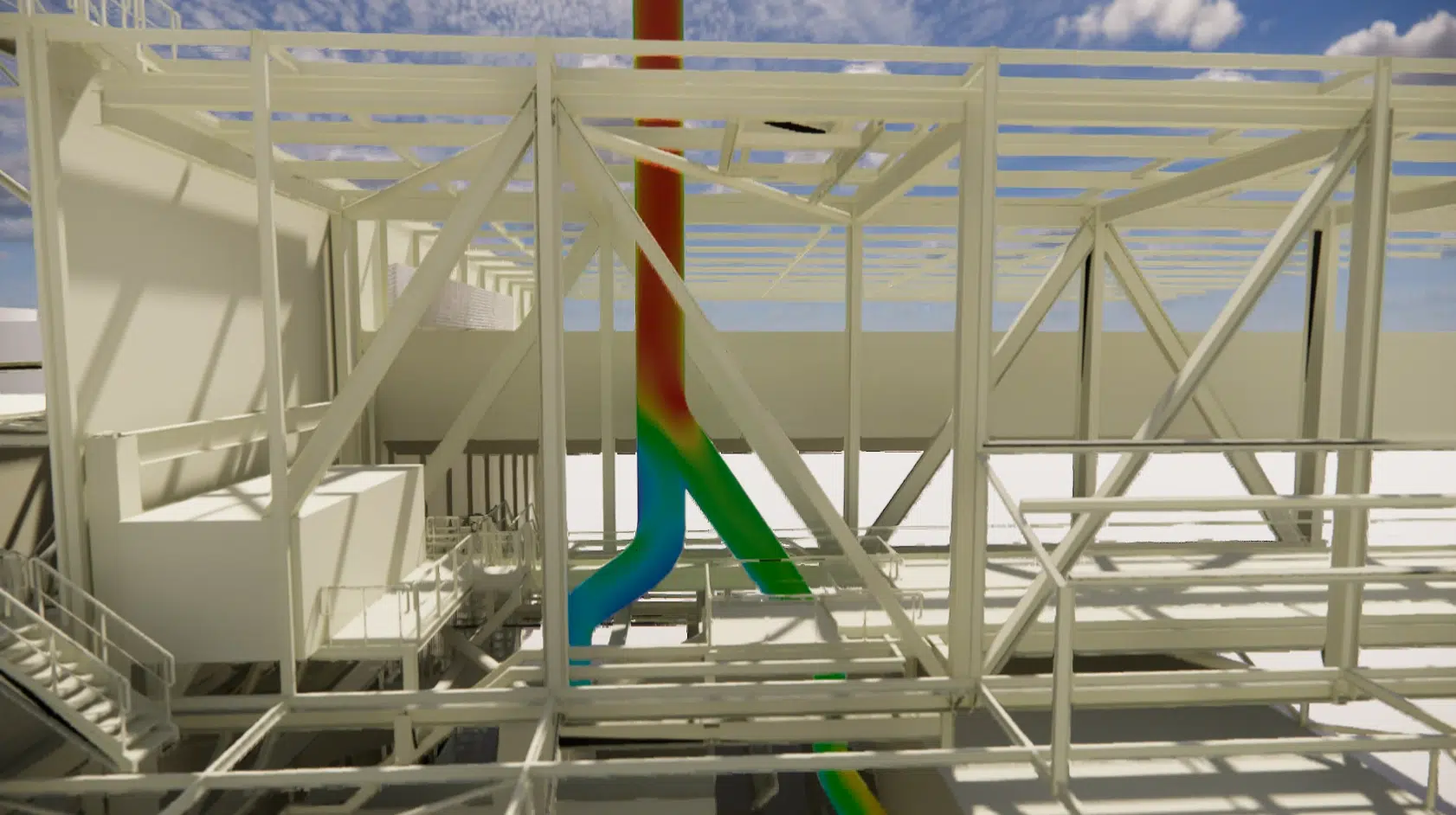 Simulación CFD de las velocidades del aire en una chimenea industrial