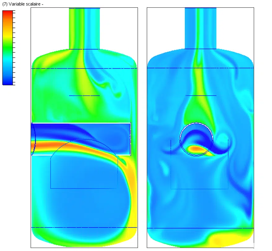 Plans CFD de la variable scalaire COV à l'entrée et à la sortie du catch tank