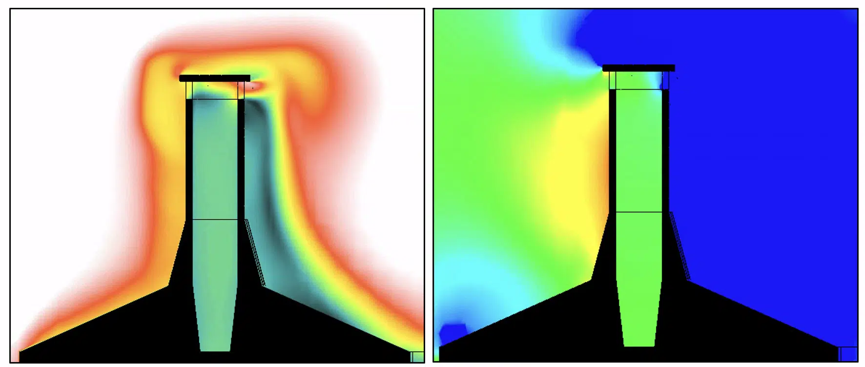 Plano de corte velocidades y presión — chimenea cuadrada