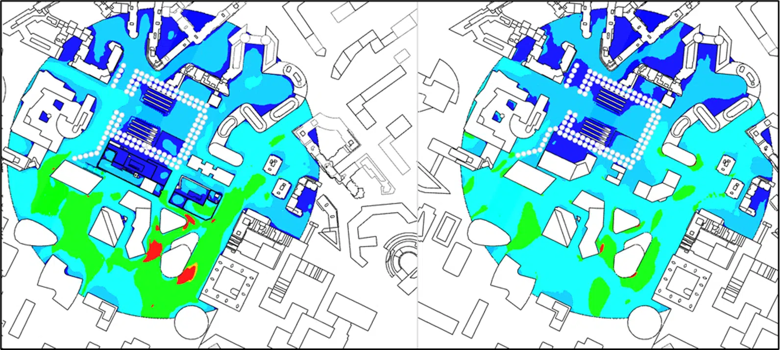 Cartografía del nivel de confort según London LDDC (proyecto a la izquierda, existente a la derecha)