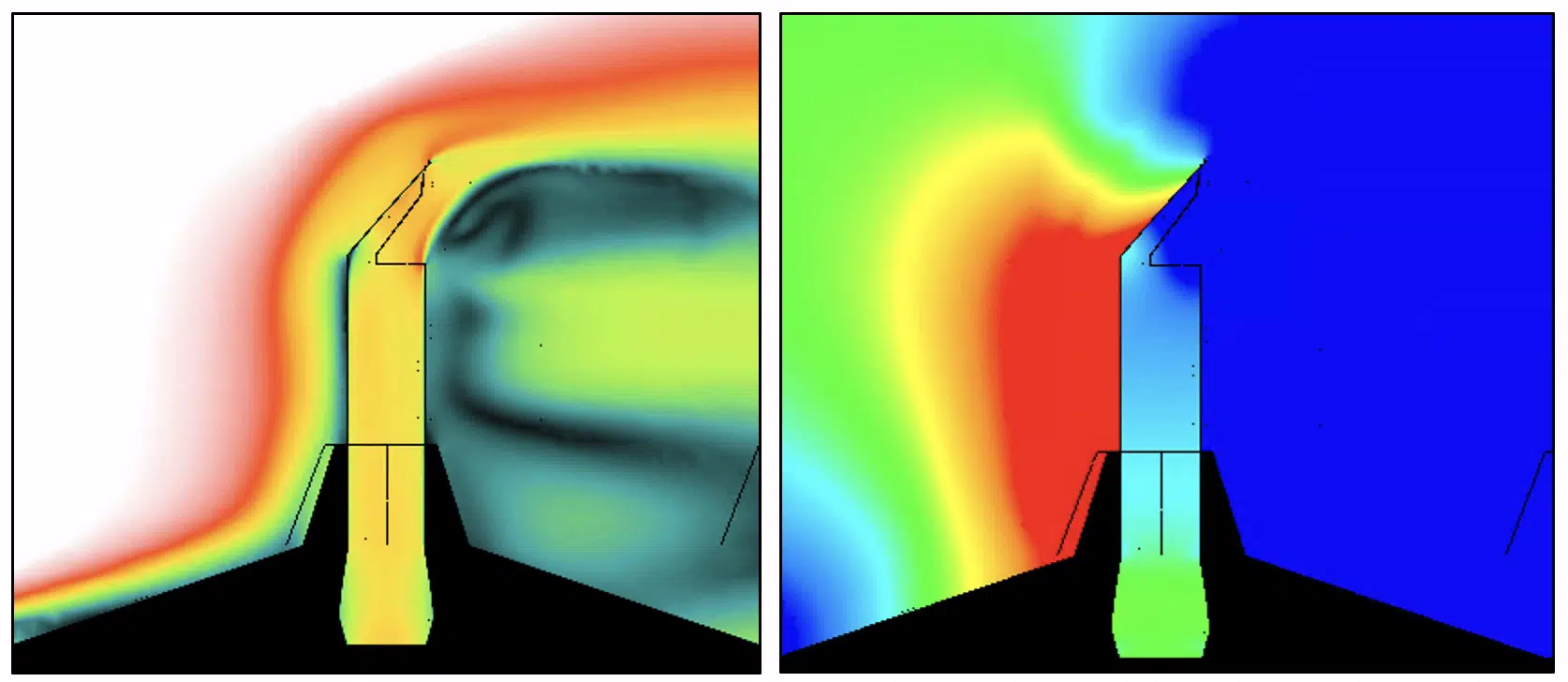 Plano de corte velocidades y presión — chimenea cilíndrica