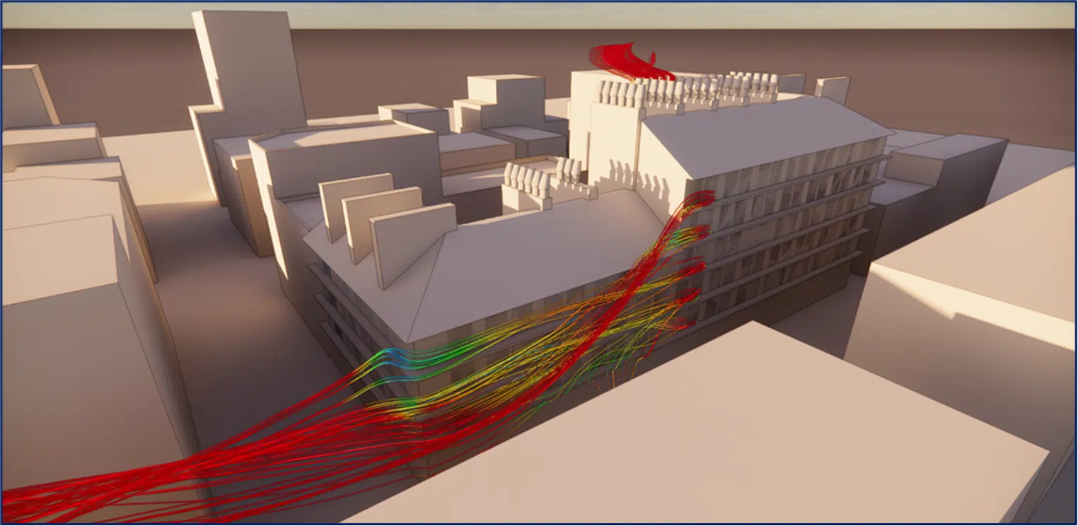 Recorrido del aire en el exterior del edificio — líneas de corriente que participan en la ventilación natural
