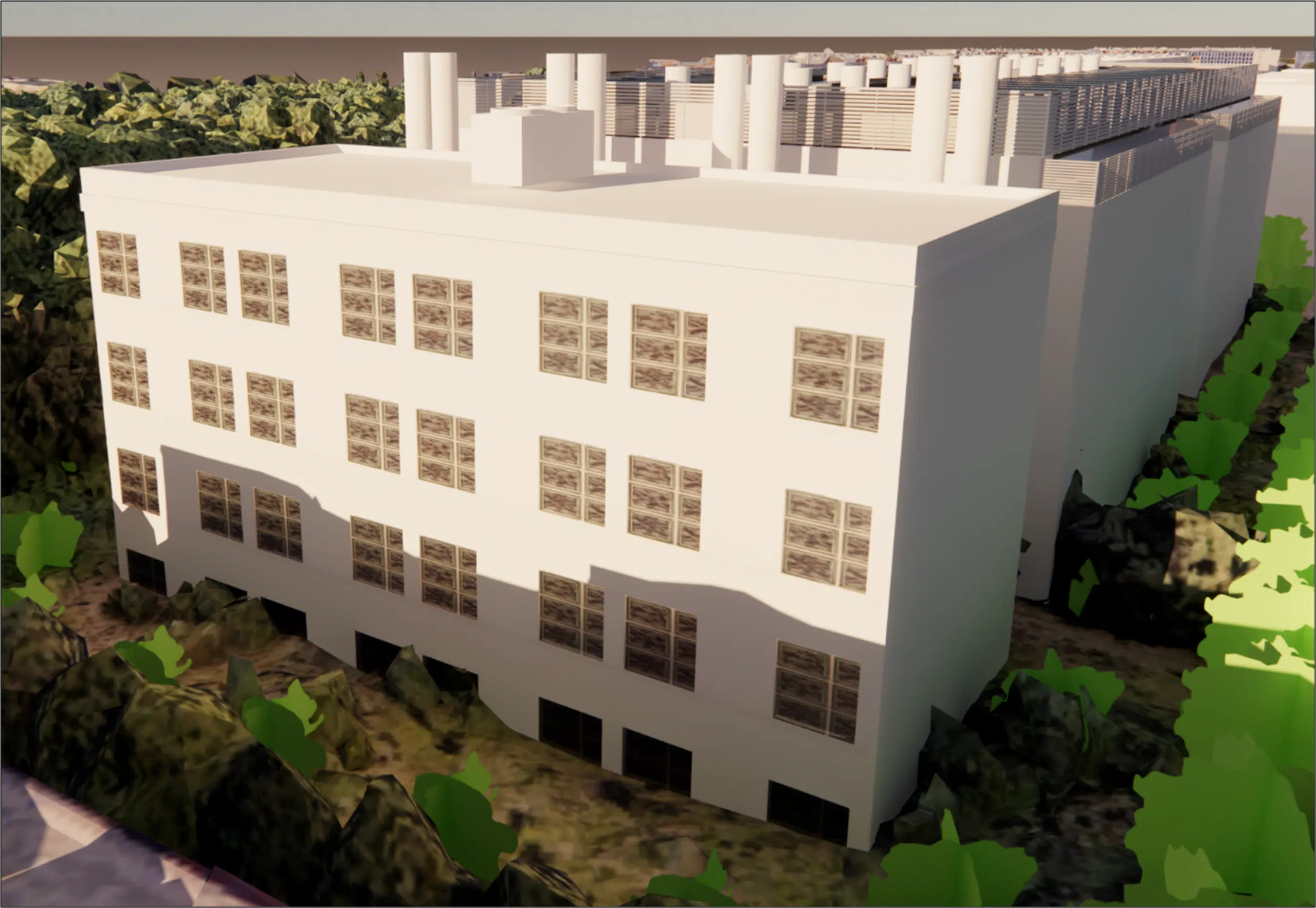 Modelo 3D del edificio que alberga un grupo electrógeno del centro de datos