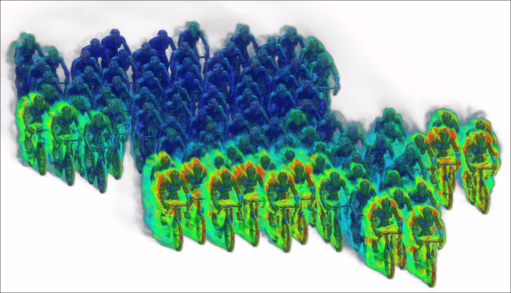 Simulation CFD illustrant les phénomènes aérodynamiques autour d'un peloton de cyclistes, mettant en évidence les zones de traînée et les flux d'air.