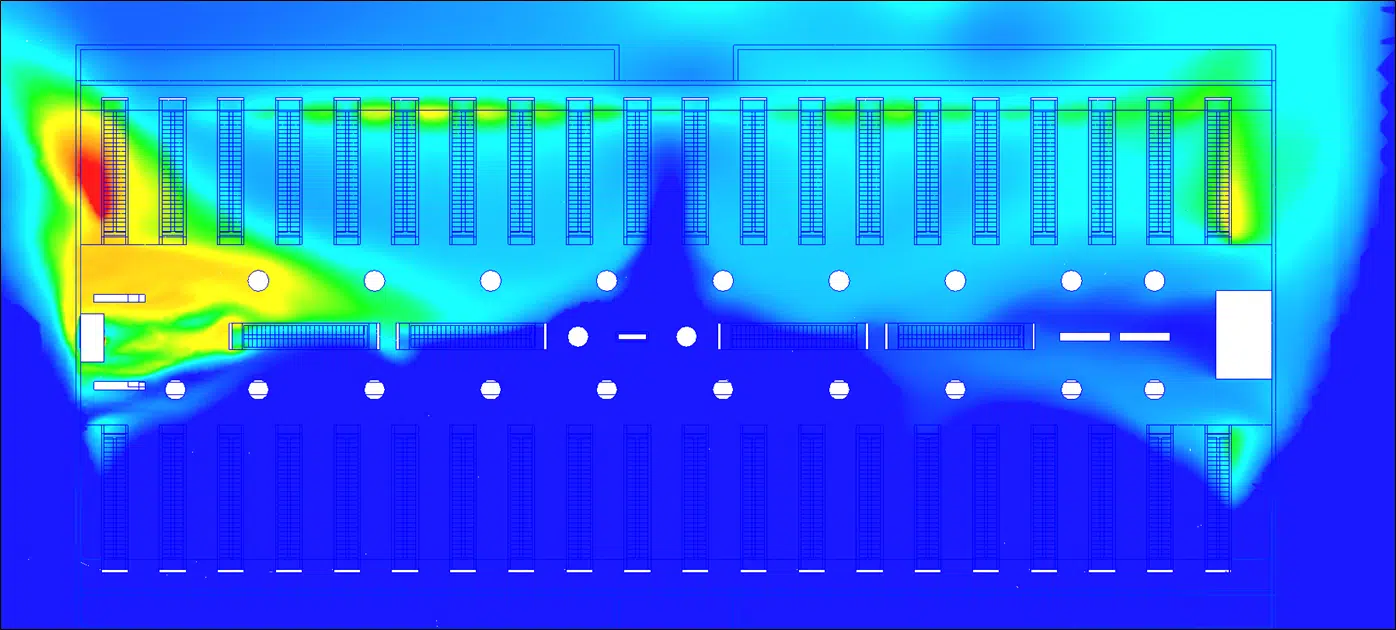 Plano de temperaturas a la altura de la aspiración de los sistemas, viento del suroeste