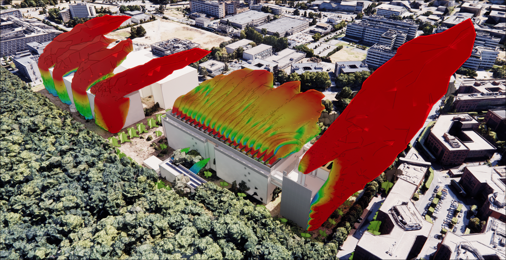 Visualisation CFD des panaches thermiques émis par deux datacenters dans un environnement urbain.