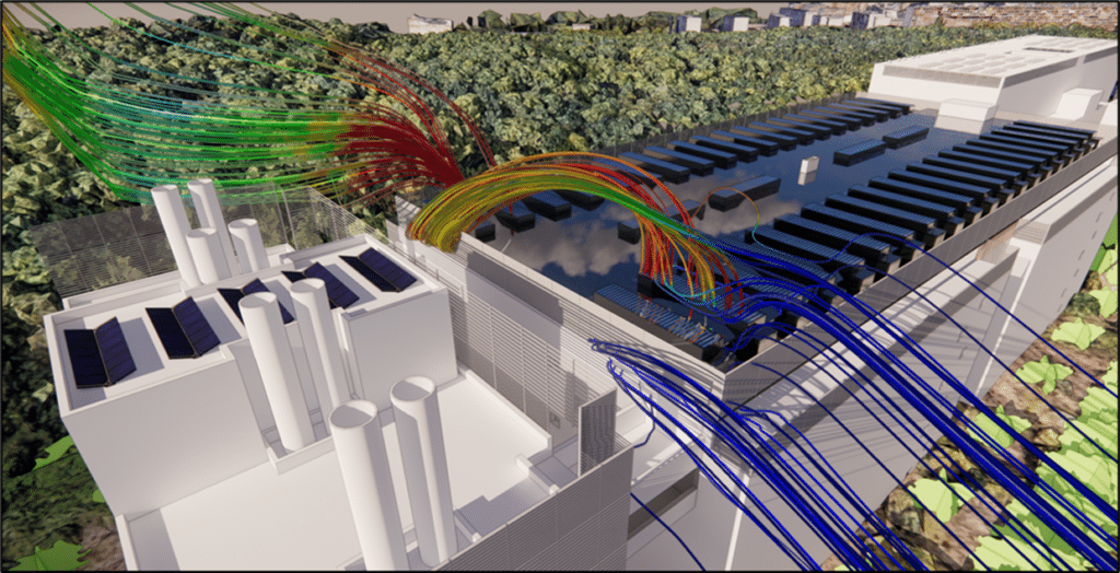 Simulation CFD illustrant la pollution thermique sur les toitures de data centers.