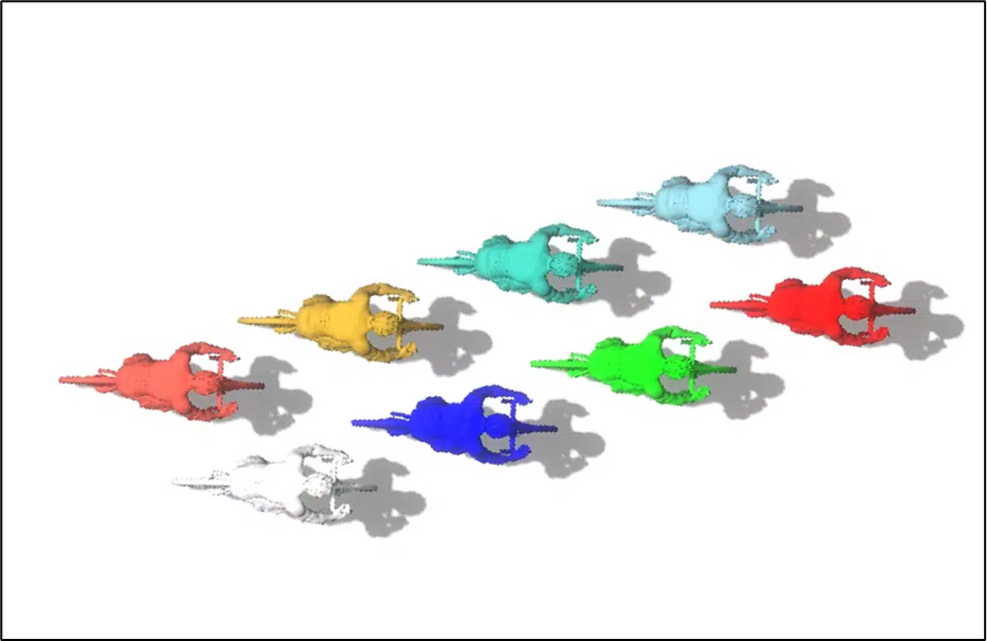 Modelo 3D de un grupo de ciclistas en abanico doble sobre una carretera