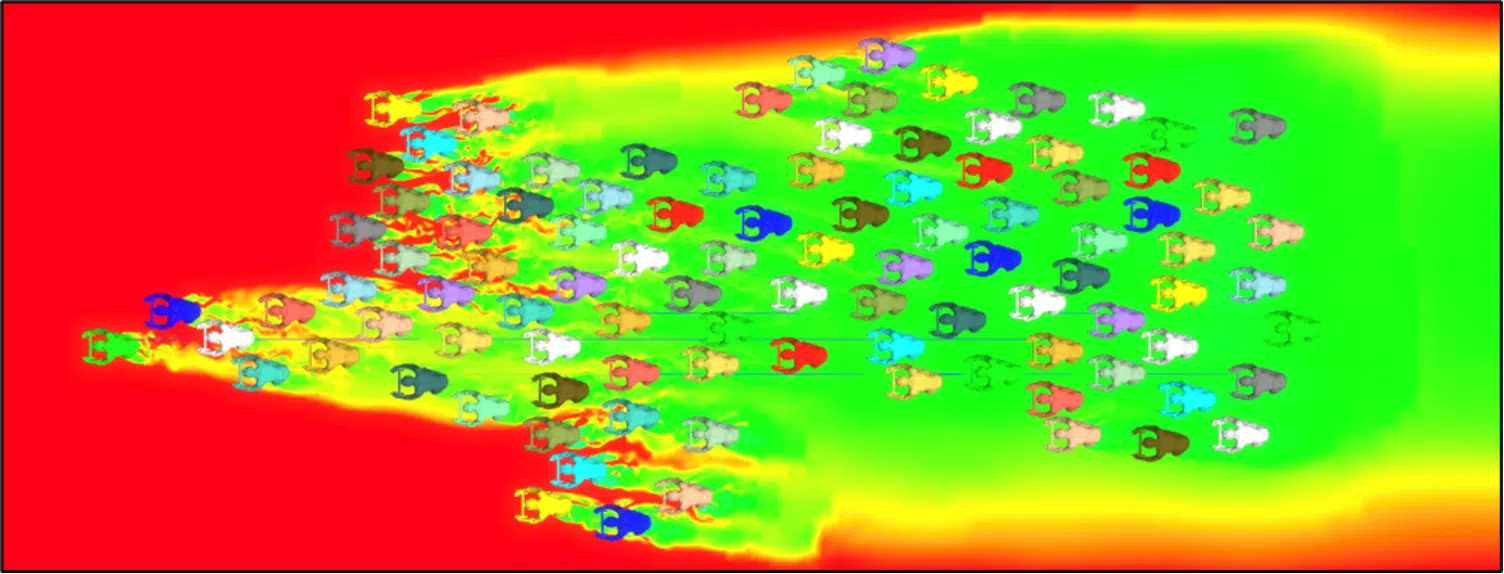 Plano horizontal de presión dentro del pelotón — simulación de mecánica de fluidos
