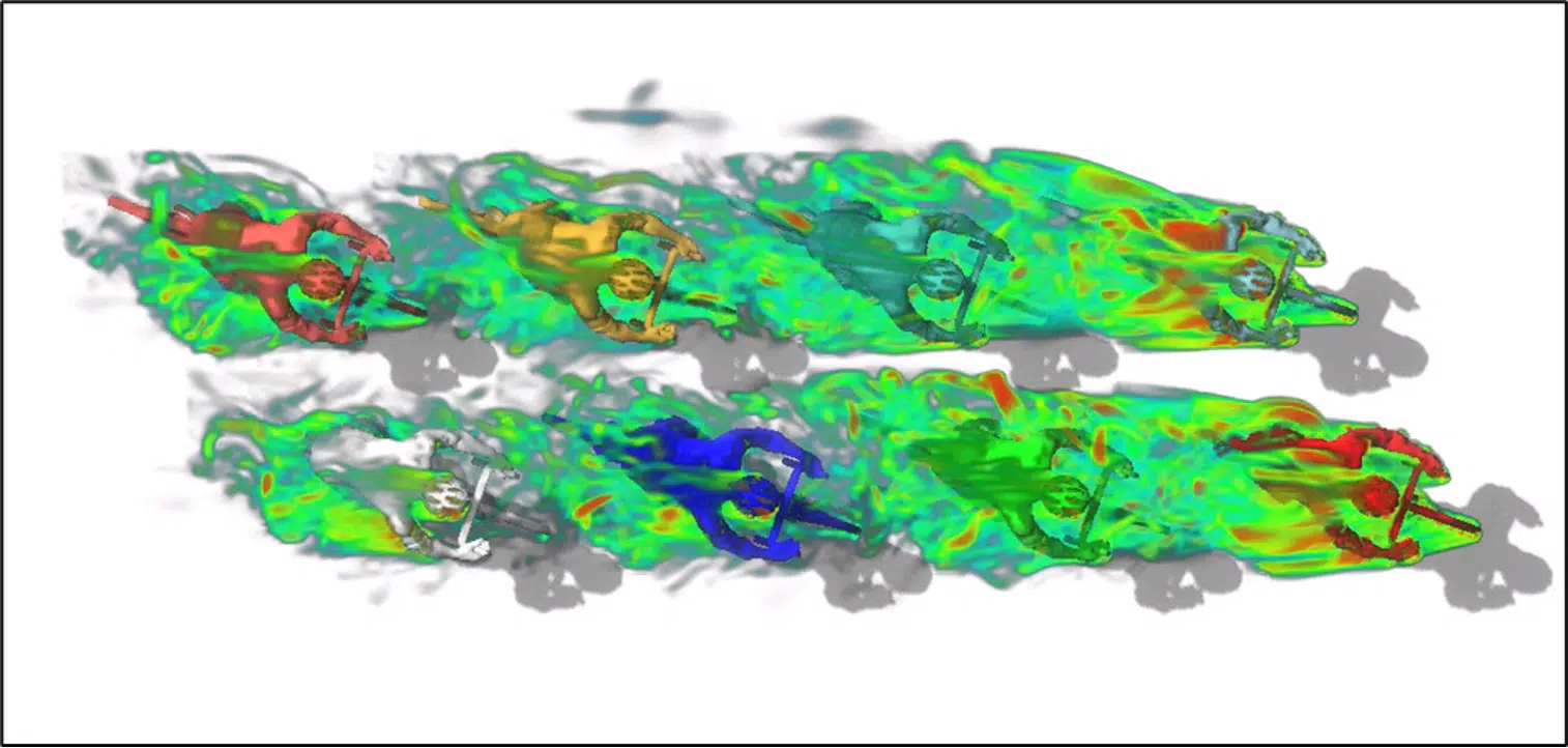 Campo volumétrico de vorticidad alrededor de los ciclistas en formación abanico