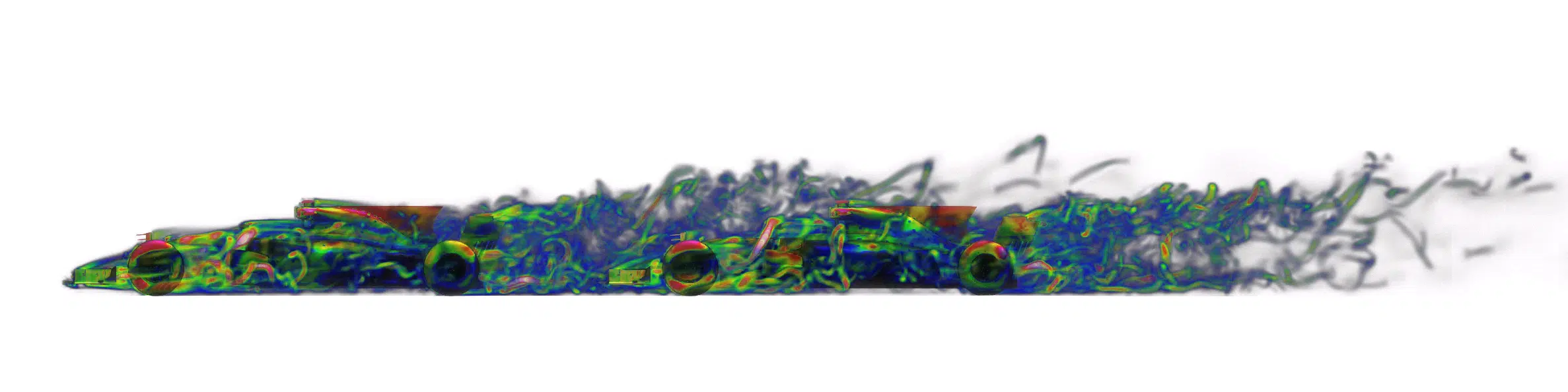 Campo volumétrico de la vorticidad alrededor de dos Fórmula 1 — vista lateral
