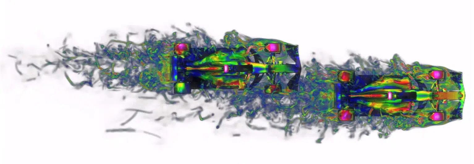 Campo volumétrico de la vorticidad alrededor de dos Fórmula 1 — vista superior