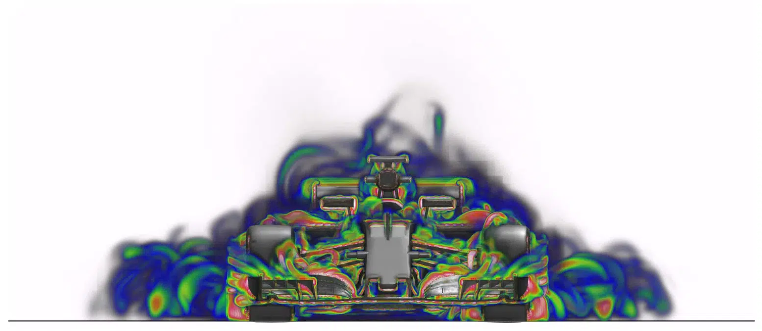 Campo volumétrico de la vorticidad alrededor del Fórmula 1 — vista frontal