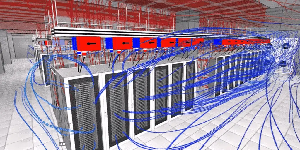 Visualisation d'une simulation CFD (dynamique des fluides numérique) pour une étude interne d'un Data Center. Cette image présente une analyse des flux d'air, des températures et de la distribution thermique à l'intérieur des installations. Les zones colorées illustrent les variations de température autour des serveurs et des équipements, mettant en lumière les zones à risque de surchauffe. Cette simulation permet d'optimiser la gestion du refroidissement, d'améliorer l'efficacité énergétique et de garantir un environnement opérationnel stable pour les systèmes informatiques. L'étude contribue également à la planification de l'agencement du Data Center pour minimiser les points chauds et maximiser la circulation de l'air.