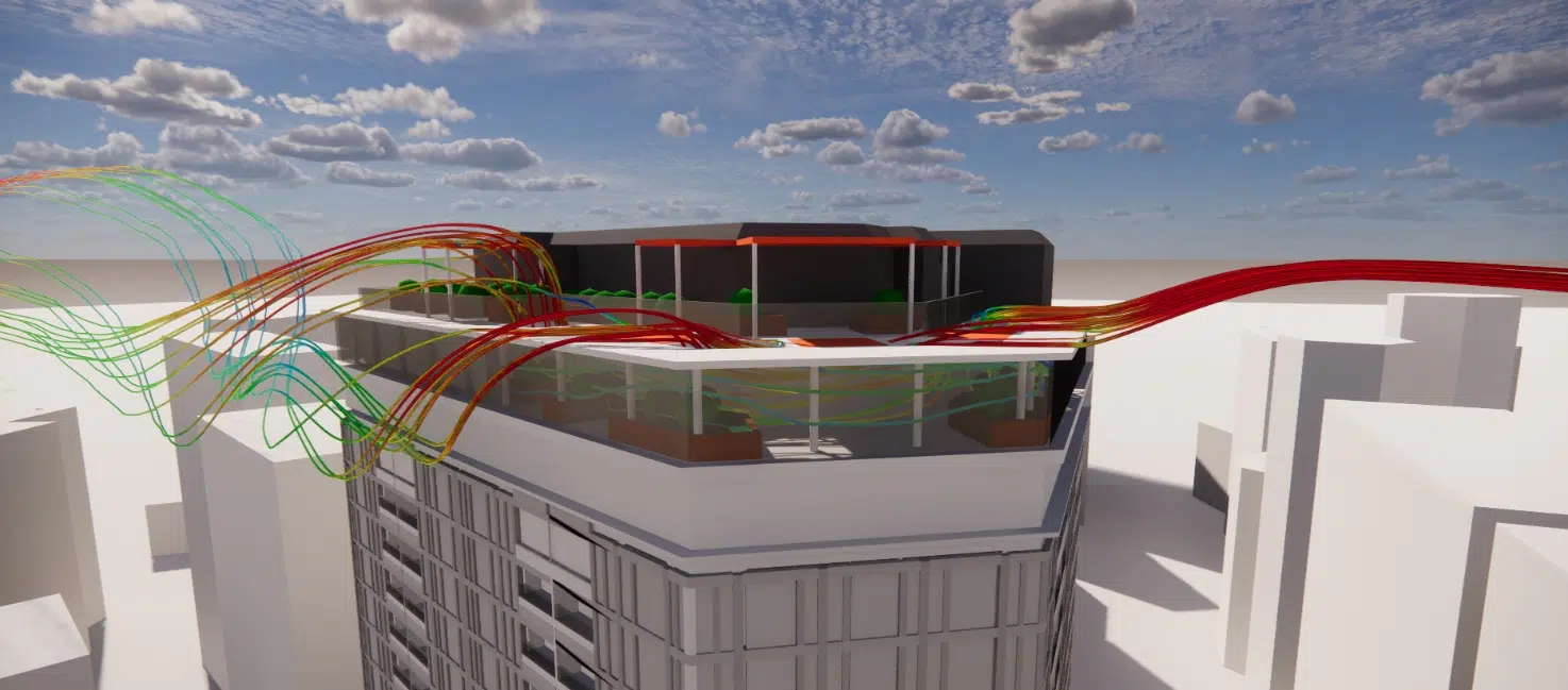 Líneas de corriente procedentes de las simulaciones CFD a la altura de la terraza