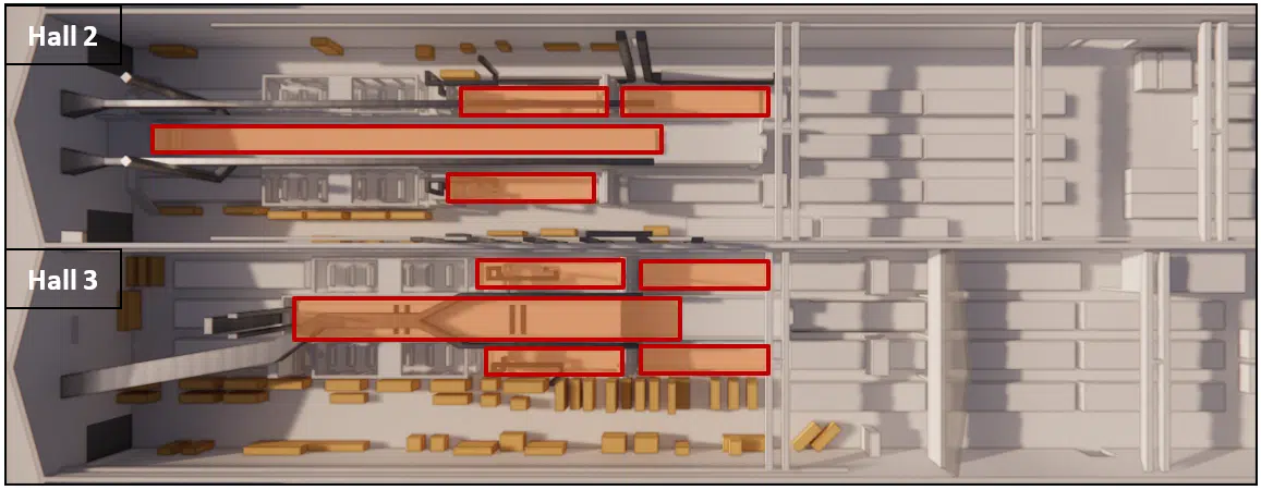 Visualización de la zona de estudio de la fábrica — mesas afectadas por las emisiones de COV