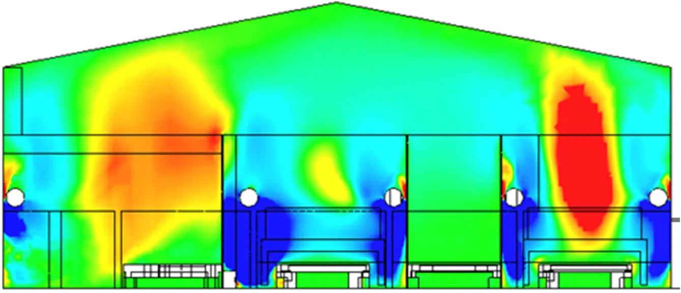 Simulación CFD de la distribución de temperaturas en corte transversal de la fábrica