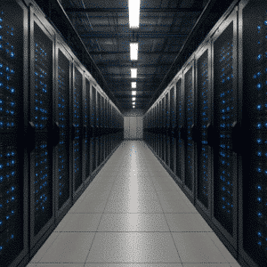 Vue intérieure d’un datacenter : plusieurs rangées de serveurs sont alignées dans un grand espace sécurisé, avec un éclairage froid et uniforme. Les câbles et équipements informatiques sont soigneusement organisés.