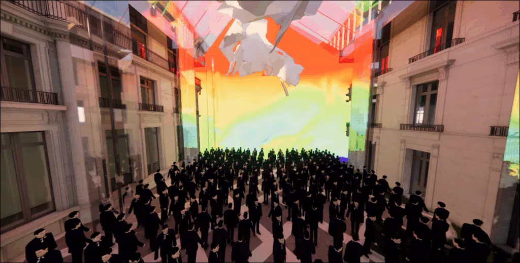 Installazione artistica digitale proiettata in un cortile