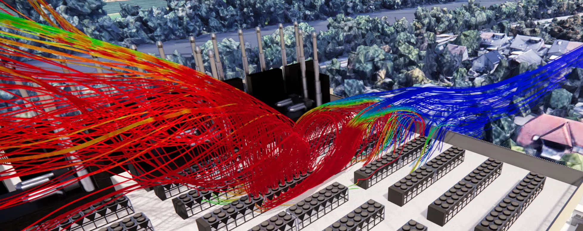 Simulación CFD del viento alrededor de un centro de datos