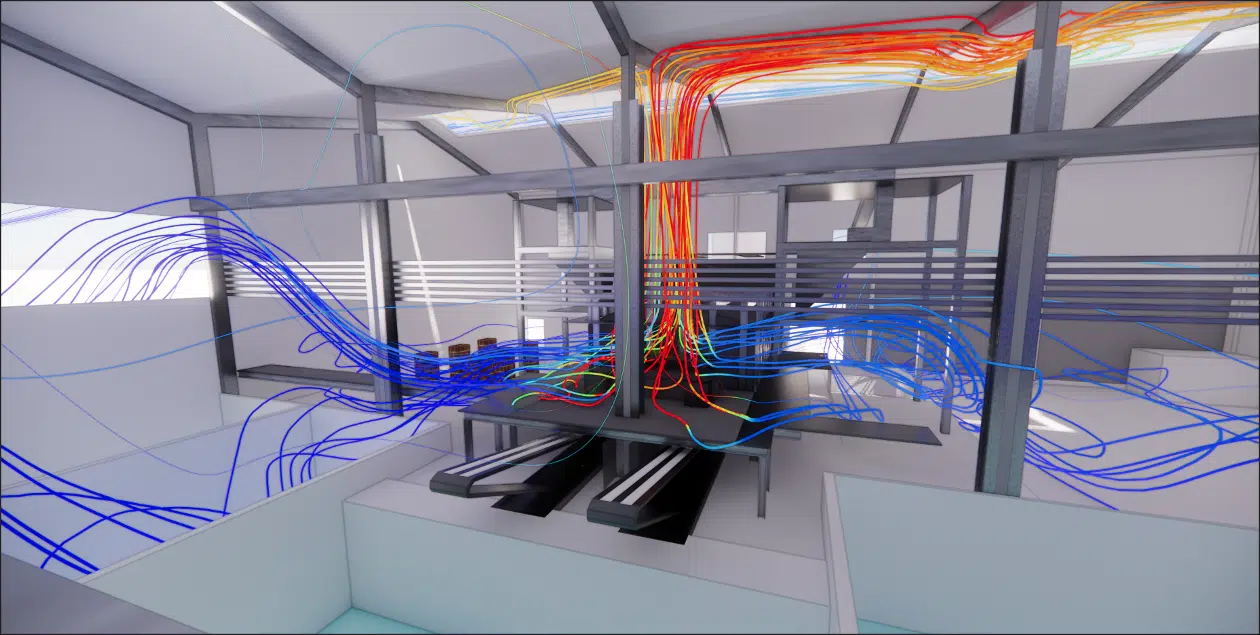 Líneas de corriente coloreadas por temperatura en la nave de producción