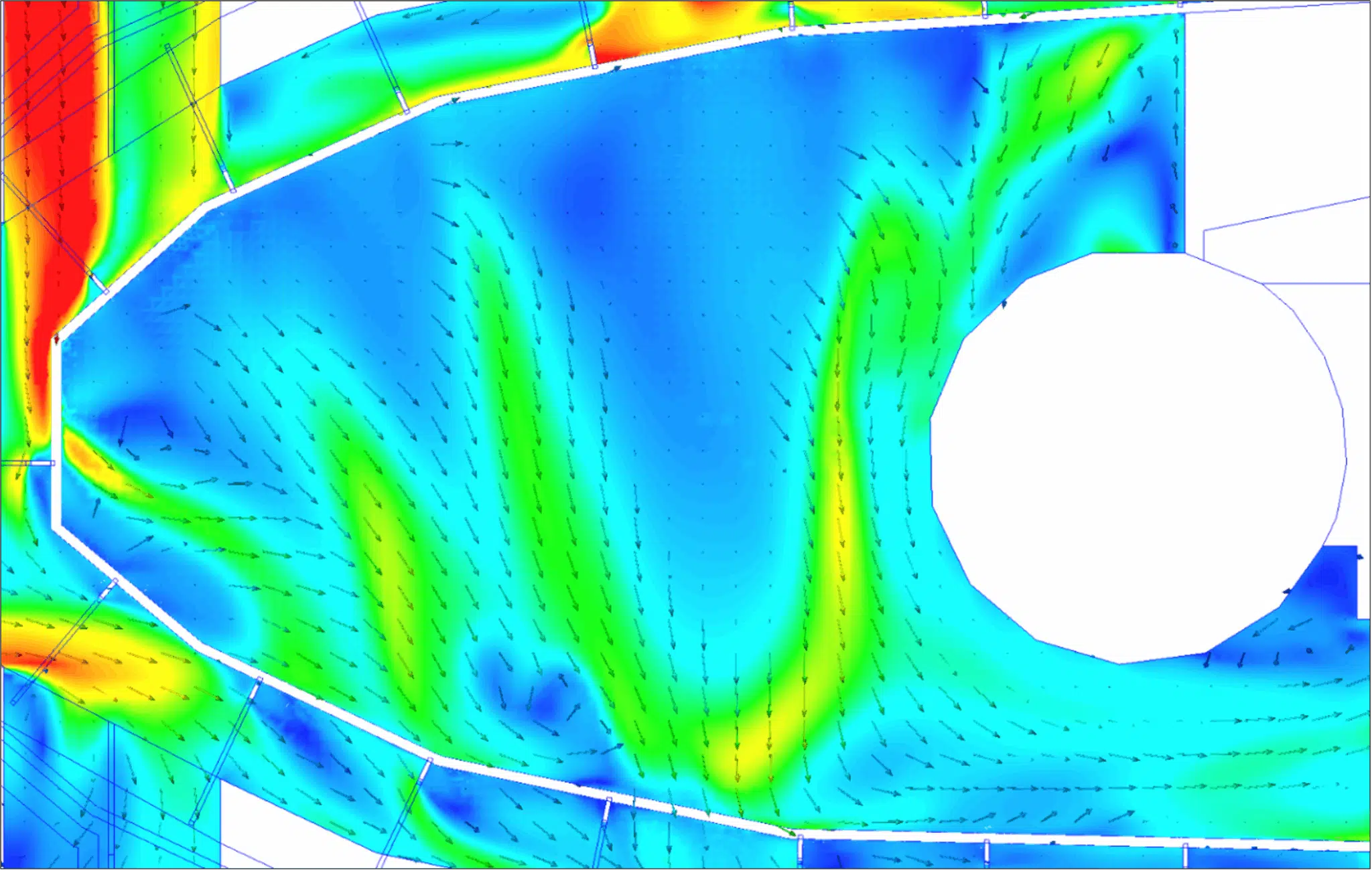 Plano de velocidad del patio grande para un viento del noreste