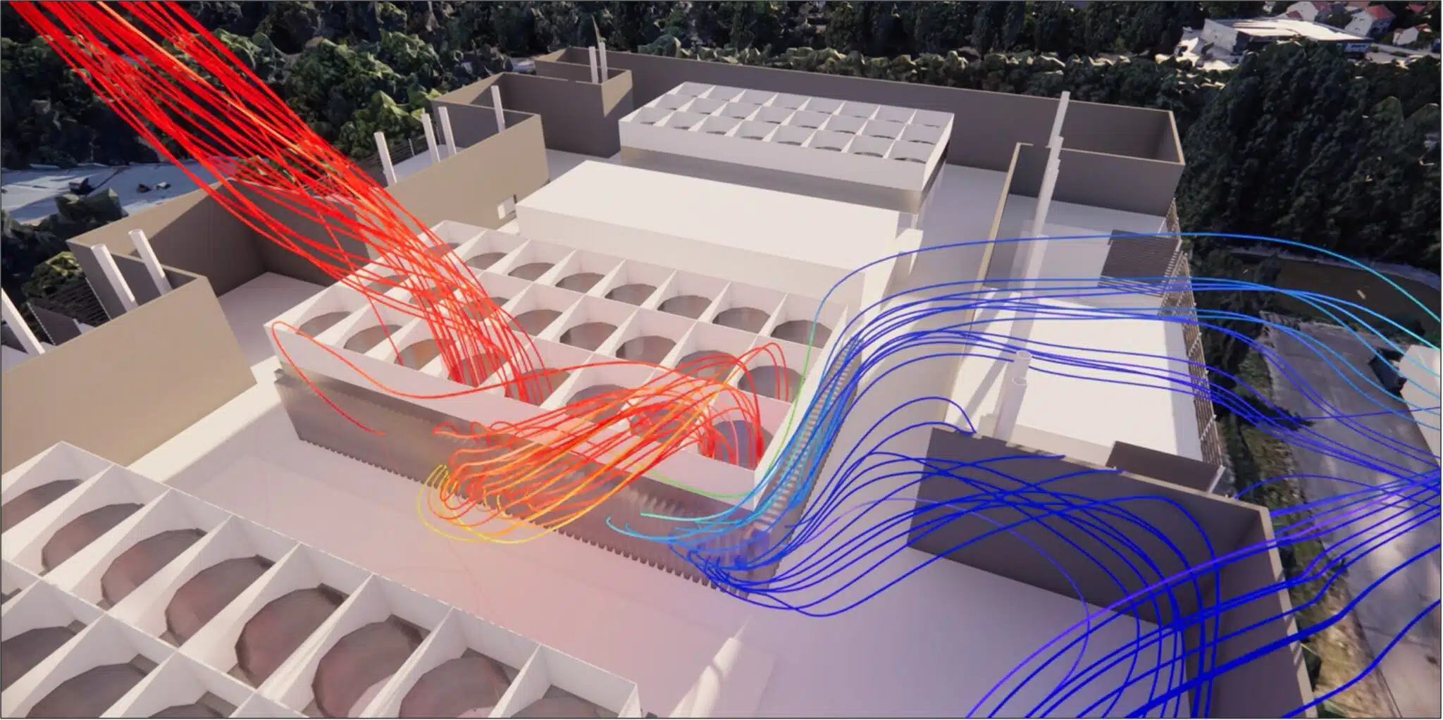 Visualización CFD de las líneas de corriente de aire en el centro de datos PAR5 & PAR6
