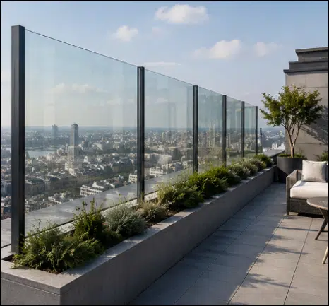 Terraza panorámica con barandillas de vidrio en la cima de la torre Cascades en Caen