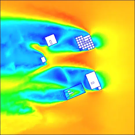 Simulación CFD 2D en planta de la distribución de las velocidades del viento alrededor de los edificios — exposición directa
