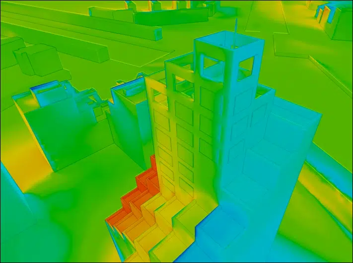 Mapa CFD 3D de las presiones del viento alrededor de un edificio alto, colormap del azul (bajo) al rojo (alto)
