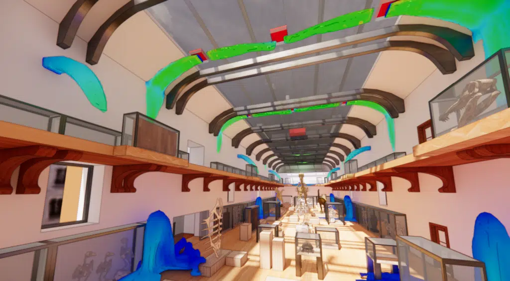 Isosuperficies CFD 3D del flujo de aire en la nave de la Galería de Paleontología MNHN