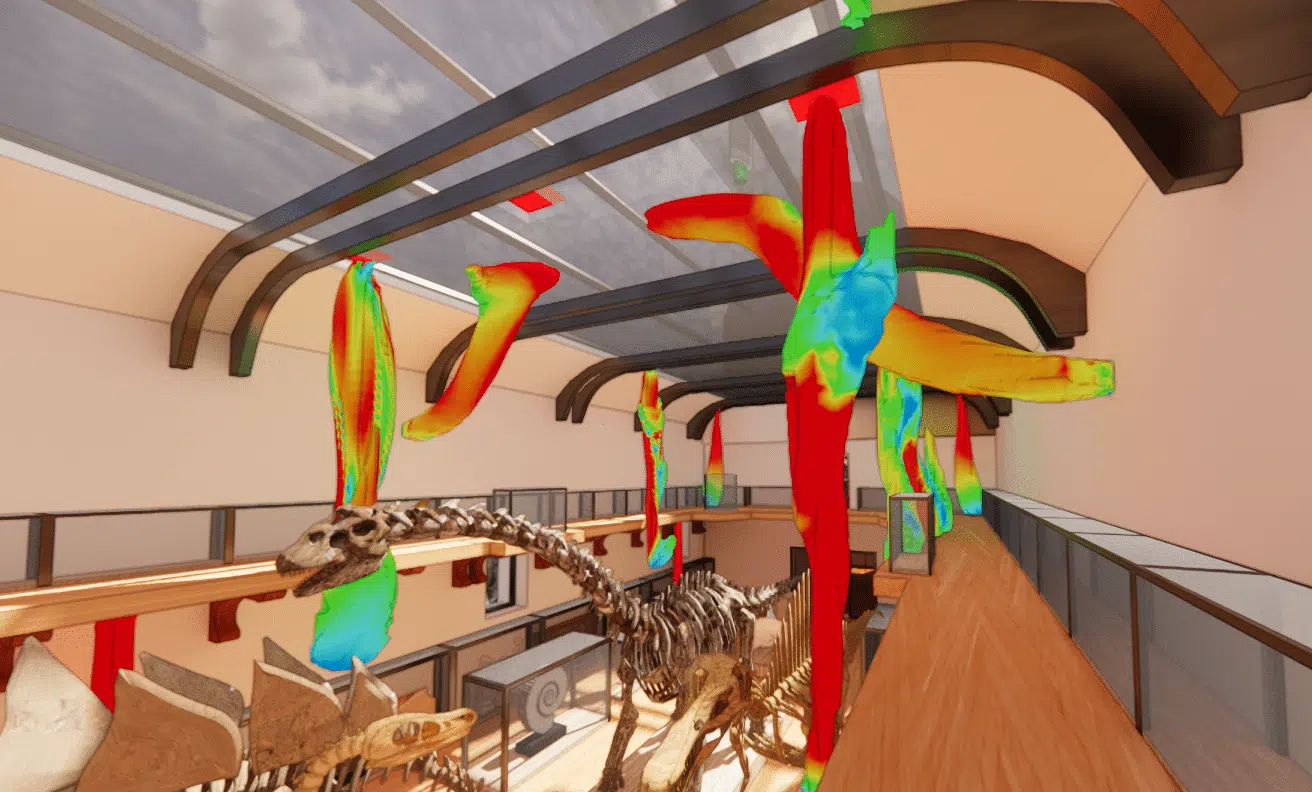 Isosuperficies CFD de velocidad del aire en la galería del MNHN con esqueletos de dinosaurios