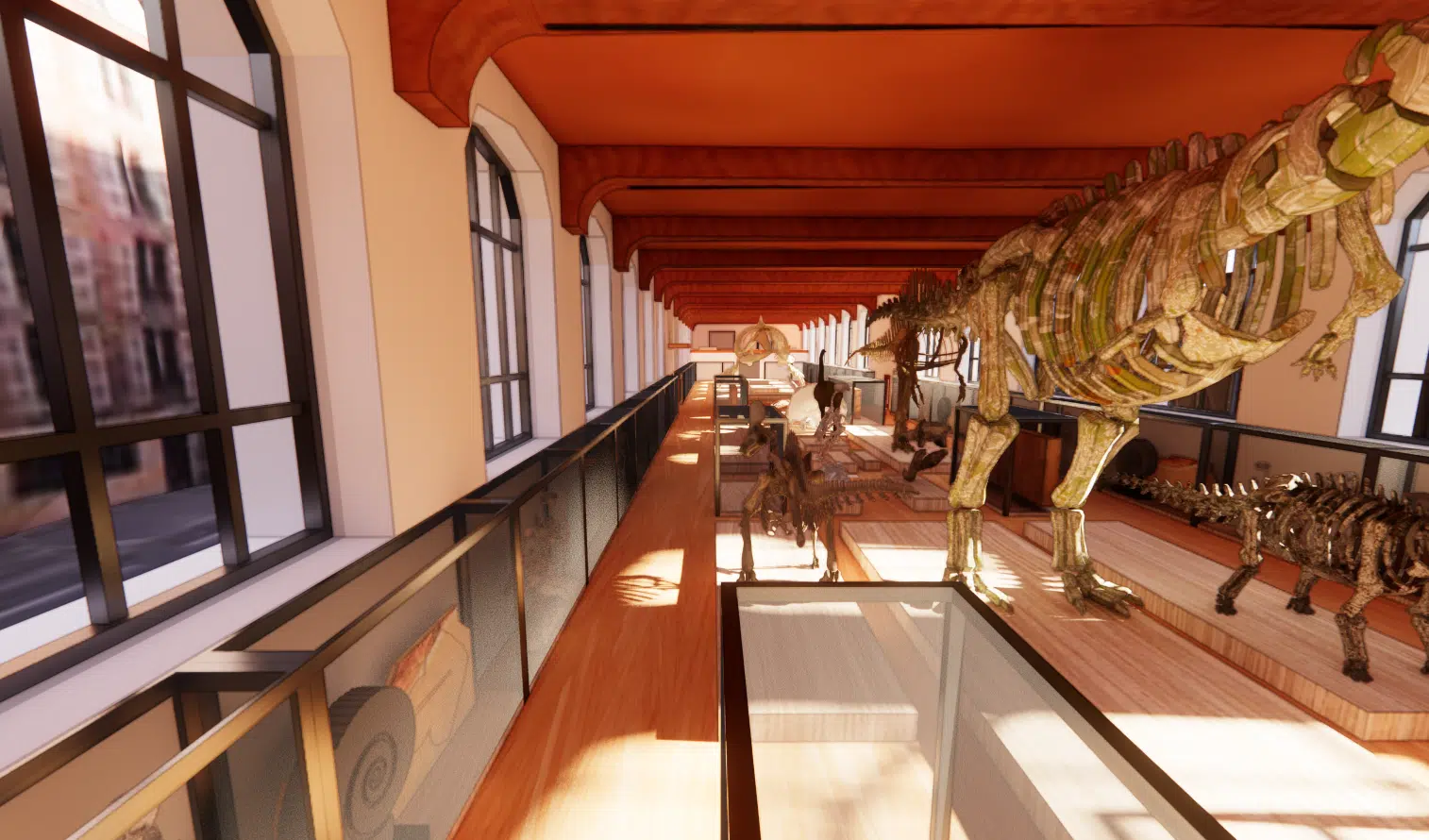 Pasillo expositivo de la Galería de Paleontología del MNHN con esqueleto de dinosaurio