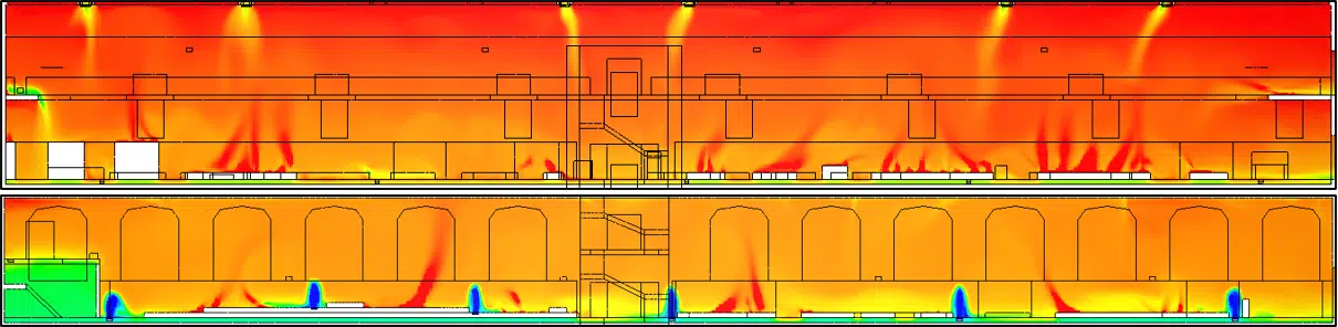 Mapa CFD de temperatura en corte longitudinal — escenario verano