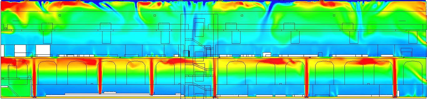 Mapa CFD de temperatura en corte — escenario invierno