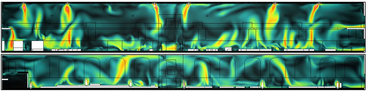 Mapa CFD de velocidad del aire en corte longitudinal — escenario verano