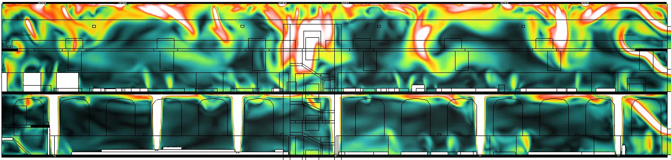 Mapa CFD de velocidad del aire en corte — escenario invierno