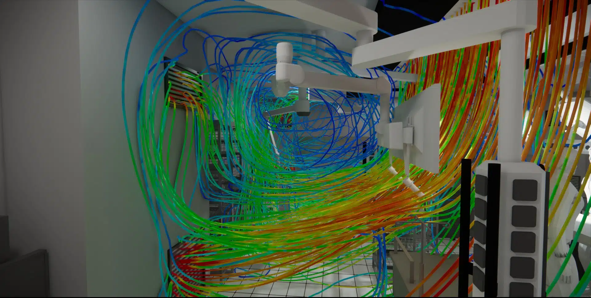 Líneas de corriente que revelan una zona muerta en la simulación CFD de un quirófano